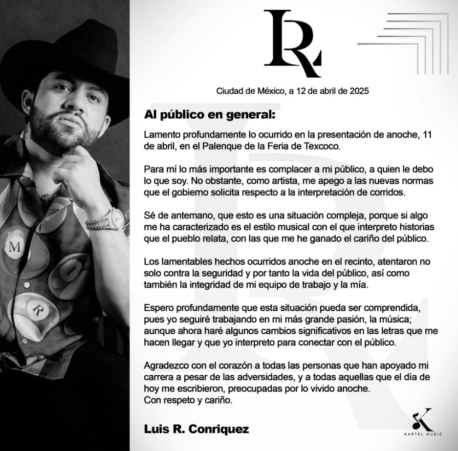 Luis R Conriquez se pronuncia tras disturbios en la Feria del Caballo Texcoco 2025